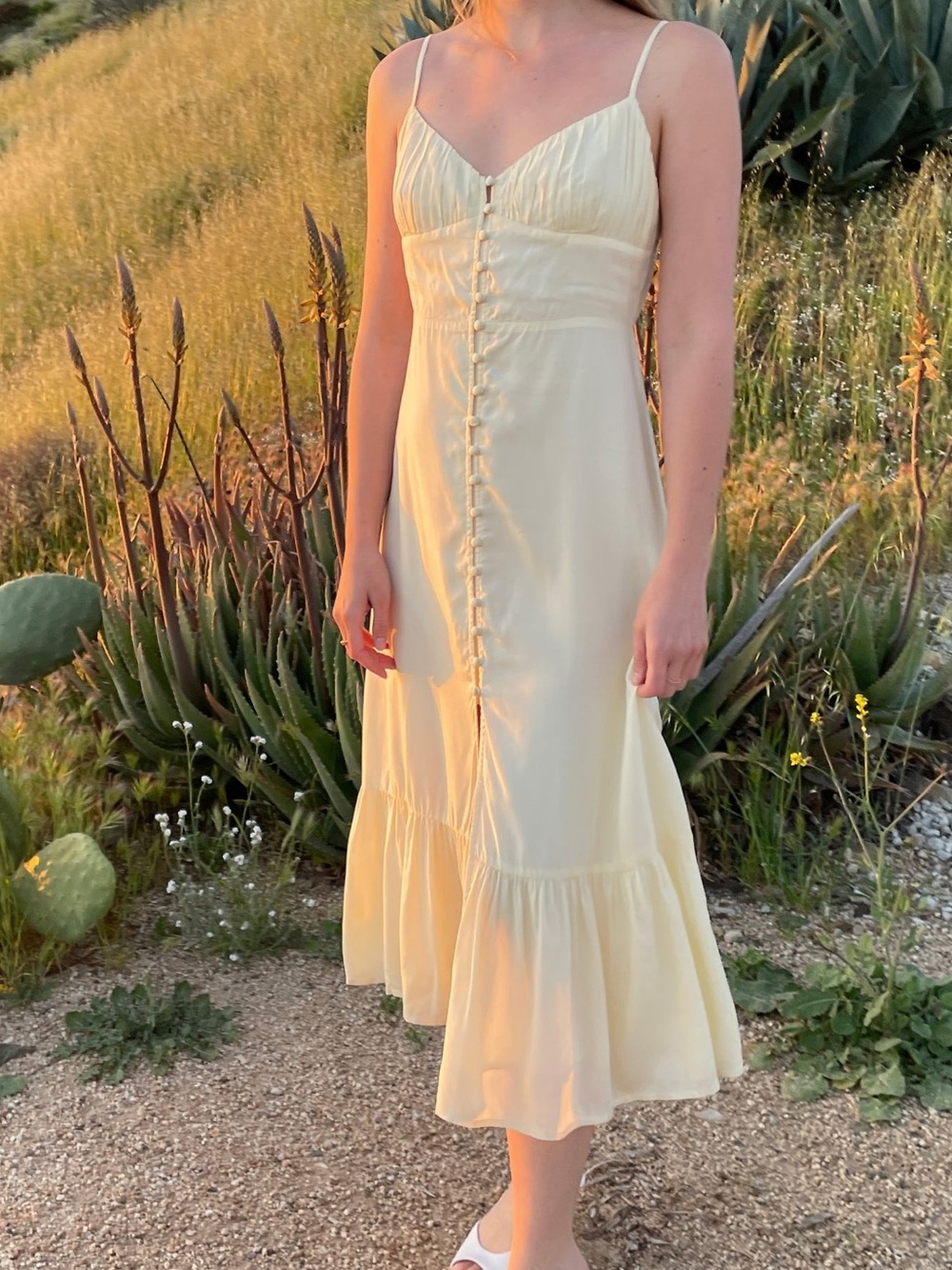 417. Oak + Fort NWT Yellow Ruched Ruffle Maxi Dress XL